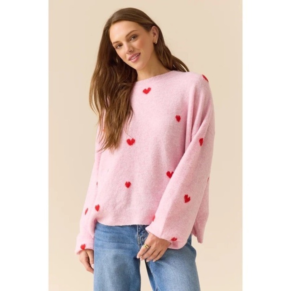 Altar'd State Pink Heart Sweater Fuzzy Crewneck Pullover Size 2XL NWT